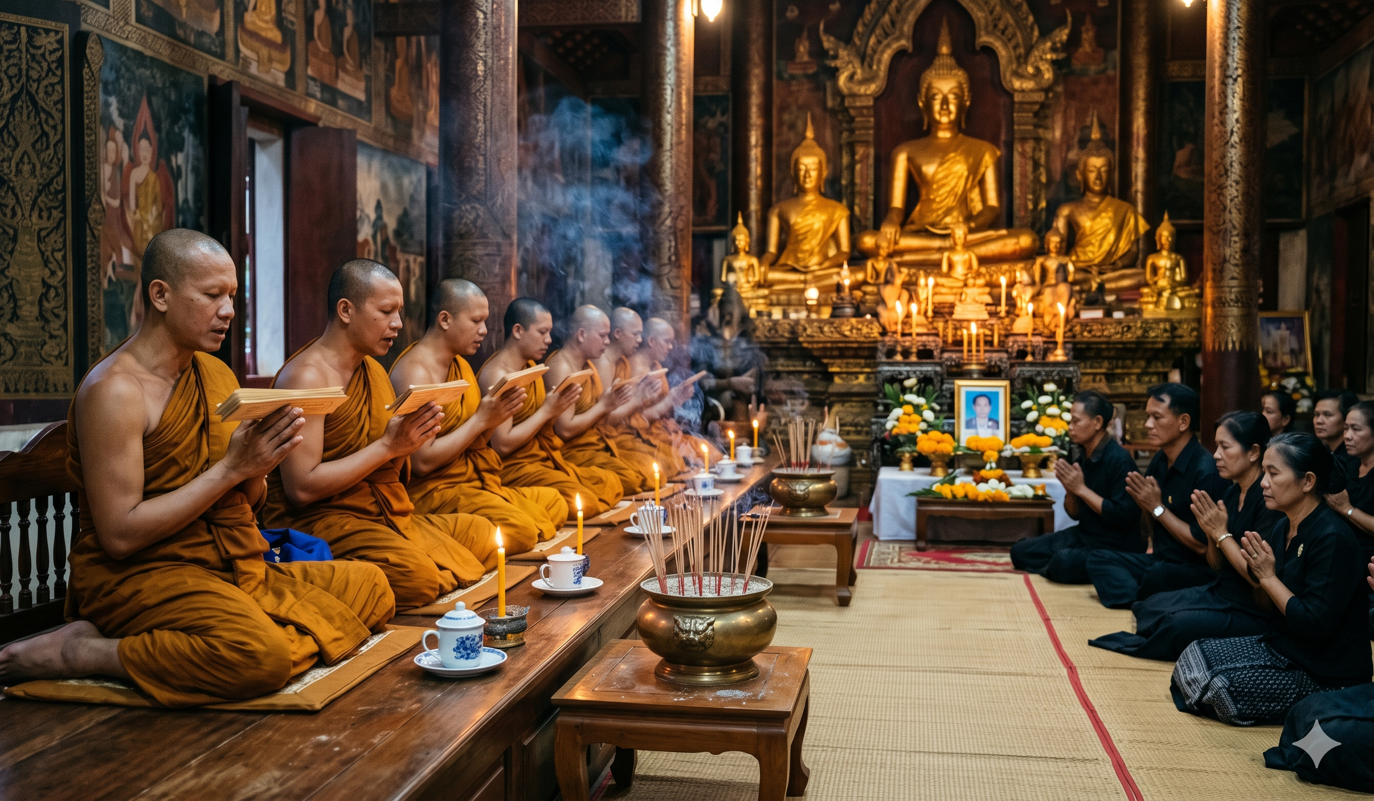 Monks chanting at a Thai Buddhist funeral merit ceremony