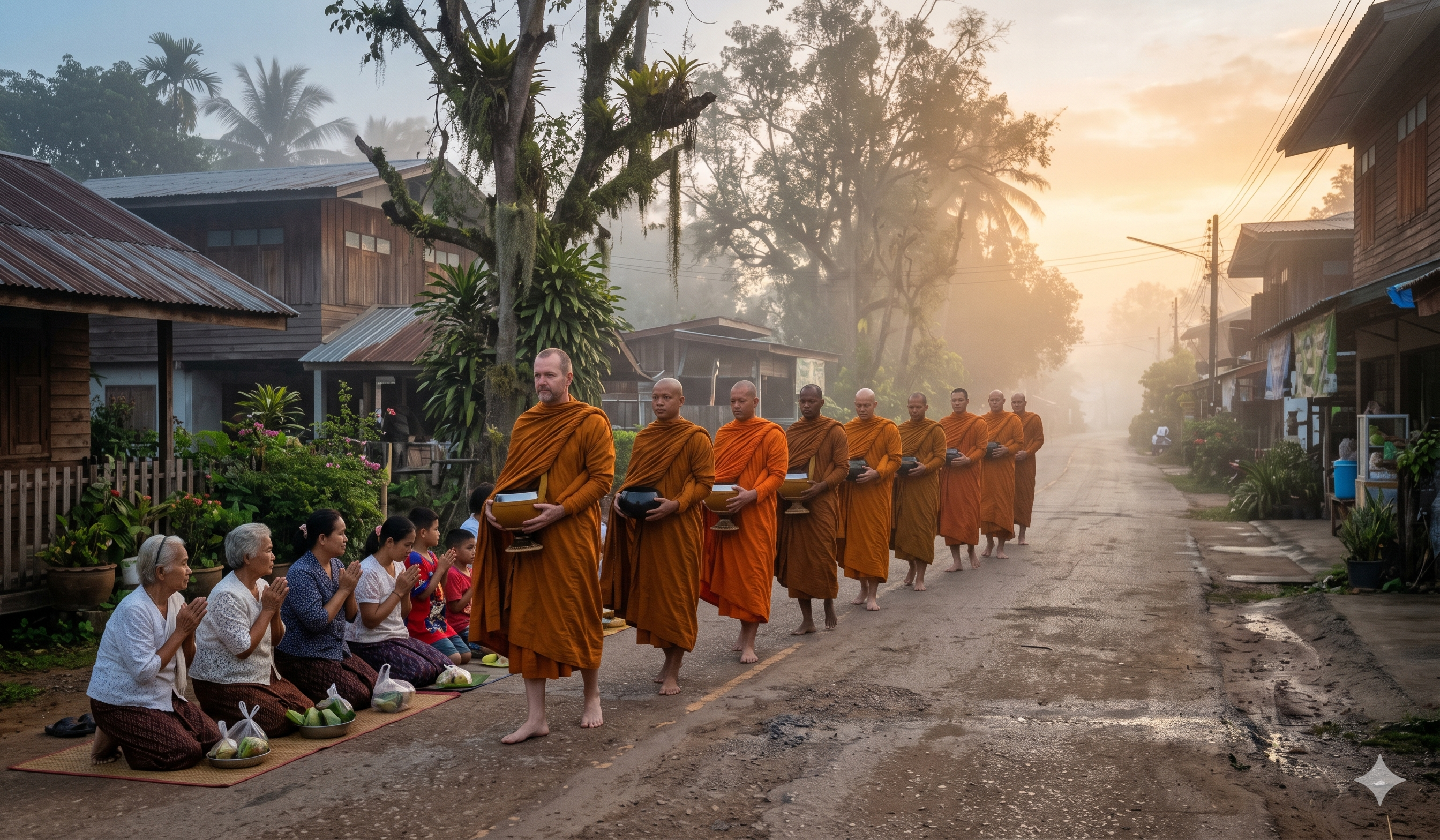 Foreign monks in saffron robes at a Thai Buddhist temple