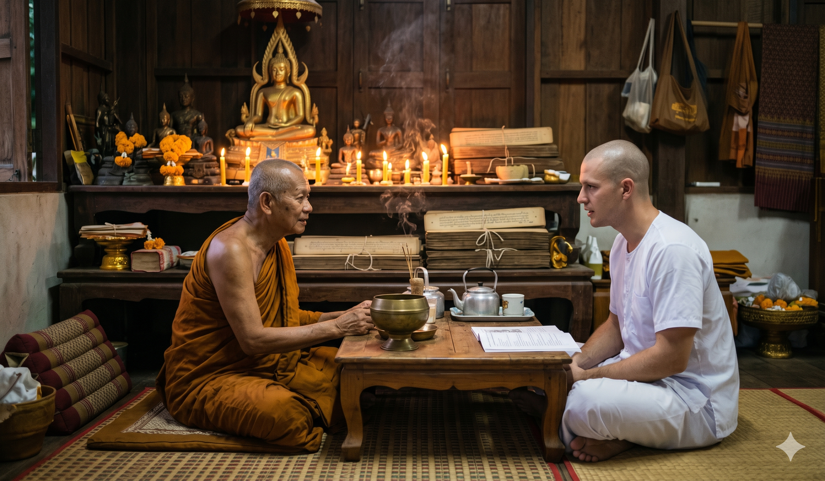 Abbot and foreign candidate discussing ordination at a Thai temple