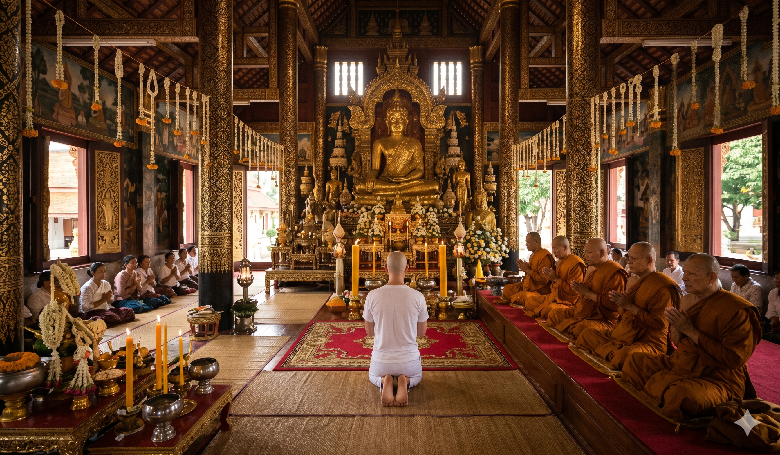 Foreign monks on alms round at dawn in a Thai village