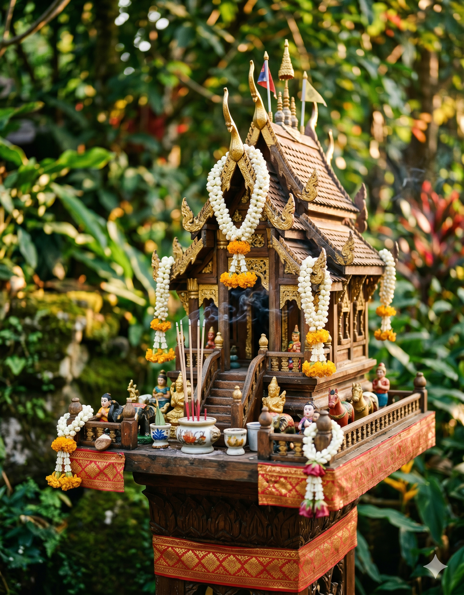 Lanna spirit shrine adorned with offerings